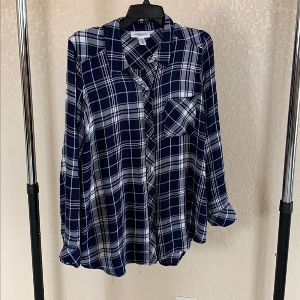 Blue and white motherhood maternity button up